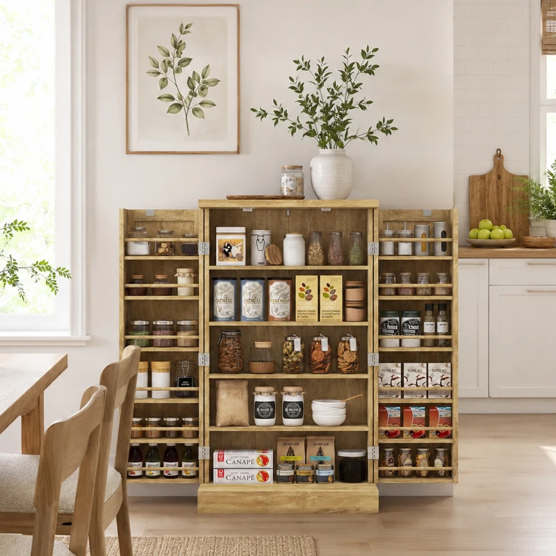 HOMCOM 41" Rattan Kitchen Storage Cabinet, Food Pantry Cabinet with 5-Tier Shelf, 12 Spice Racks, Adjustable Shelves, Natural