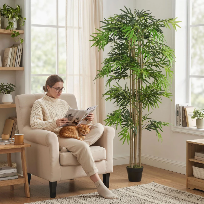 Outsunny 6FT Artificial Bamboo Tree, Fake Plant with 1530 Leaves, Greenery Plant in Nursery Pot for Indoor, Green