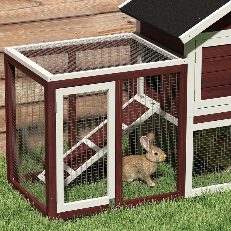 PawHut 49" Wooden Rabbit Hutch Bunny Cage with Waterproof Asphalt Roof, Fun Outdoor Run, Removable Tray and Ramp, Brown