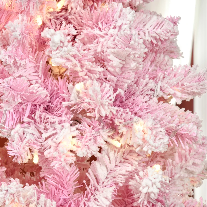 HOMCOM 7.5 Foot Prelit Snow Flocked Artificial Christmas Tree with Pencil Shape, 700 Pine Realistic Branches, Warm White LED lights, Auto Open, Pink and White