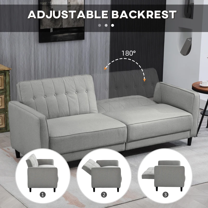 HOMCOM Convertible Bed with Couch, Button Tufted Fabric Sofa Bed with Adjustable Back for Living Room, Grey
