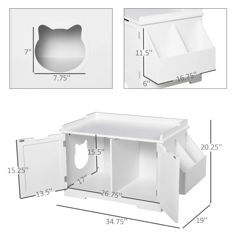 PawHut Wooden Cat Litter Box Enclosure, Hidden Cat Washroom, Kitten House with Nightstand End Table and Storage Rack Magnetic Doors, White