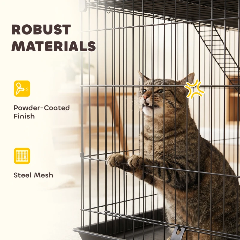 PawHut 3-Tier Cat Cage Indoor, Detachable Metal Wire Kennel withwith Hammock, Platform, Tray and Cushion for 1-2 Kittens