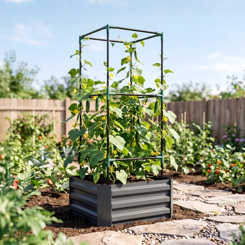 Outsunny Galvanized Planter Box, 24" x 24" x 55" Raised Garden Bed with Tomato Cage for Climbing Vines, Dark Gray