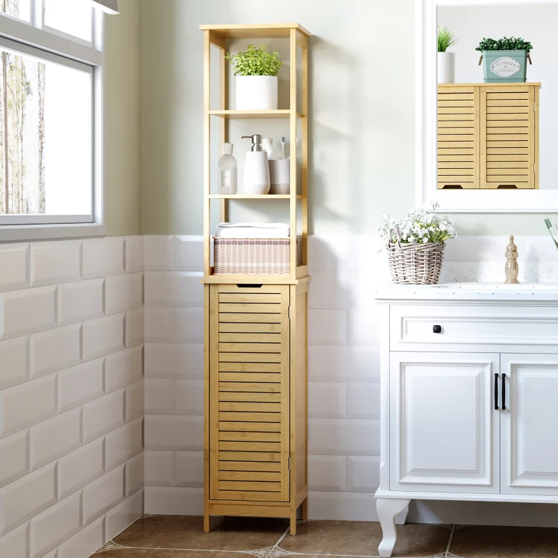 kleankin Bathroom Floor Cabinet with 3 Shelves and Cupboard, Slim and Freestanding Linen Tower with Storage, Natural