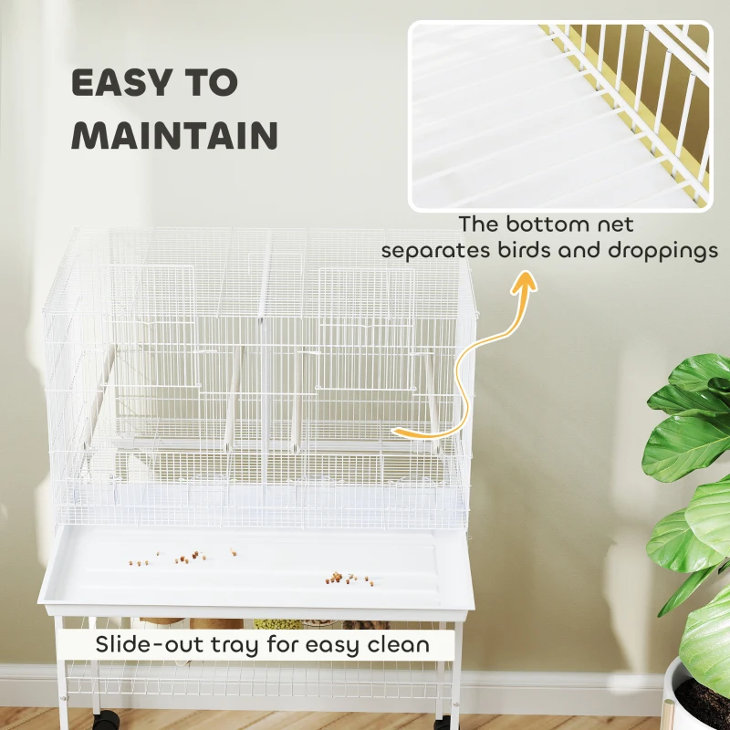 PawHut 46" H Bird Cage, Large Parakeet Cage for Budgie, Lovebird, Canary, Finches with Divider, White