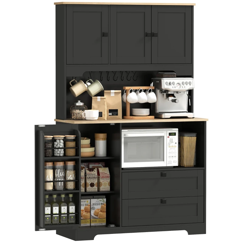 HOMCOM Kitchen Pantry Cabinet, 64" Tall Kitchen Hutch with 3 Cabinets, 2 Drawers, Adjustable Shelves, Microwave Stand, Black