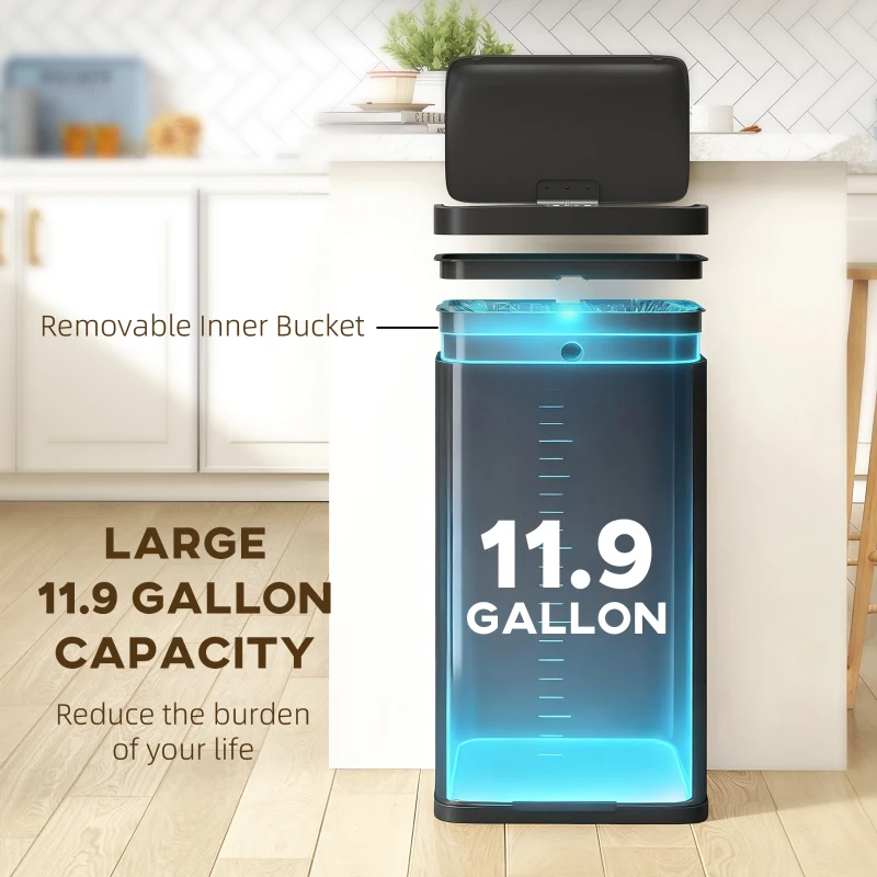 HOMCOM 12 Gallon (45 L) Sensor Can, Automatic Garbage Can with Soft-Close Lid, Fingerprint-Proof Stainless Steel, Matte Black