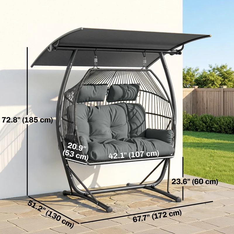 Outsunny Hanging Double Egg Chair Outdoor Egg Swing Chair with Canopy, Cushion, Stand, Dark Grey