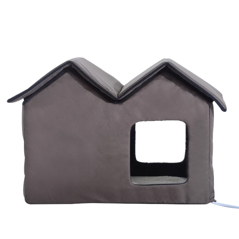 PawHut Double Heated Cat House Portable Indoor/Outdoor Kitty Shelter for Ferral Cat in Winter, Brown