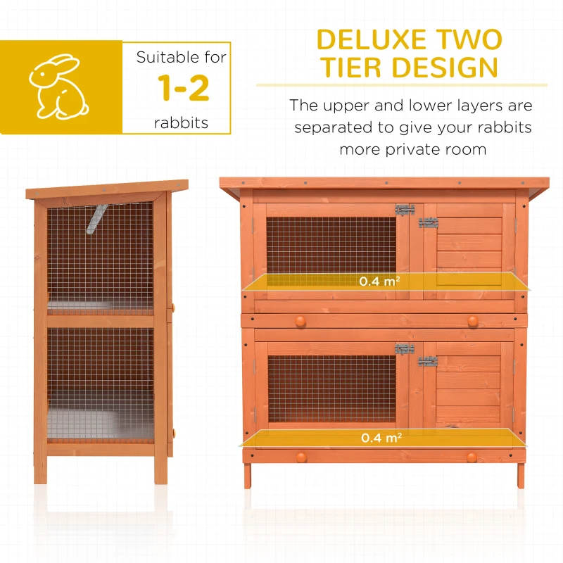 PawHut 2-Tier Wooden Rabbit Hutch Small Animal House Bunny Pet Cage with 2 Main Rooms, Sliding Tray, Opening Top, Yellow