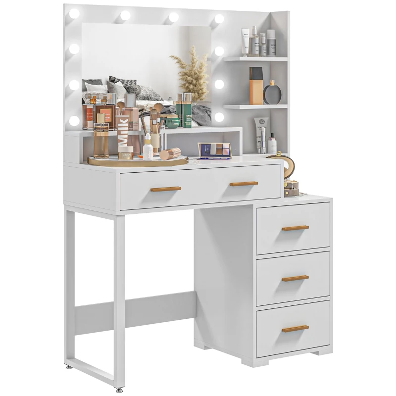 HOMCOM Illuminated Dresssing Table, LED Vanity Table with Mirror, Drawer and Storage Shelves for Bedroom, White