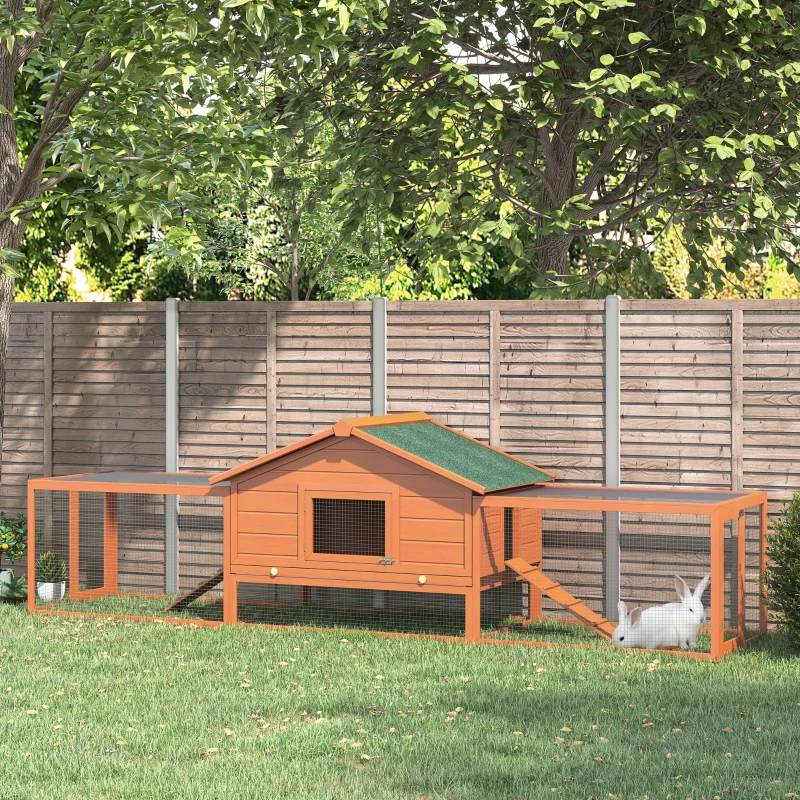 PawHut 122" Large Wooden Rabbit Hutch Bunny Hutch 2-Story Pet House Cage with Ramps, Lockable Doors, Run Area and Asphalt Roof for Outdoor Use, Natural