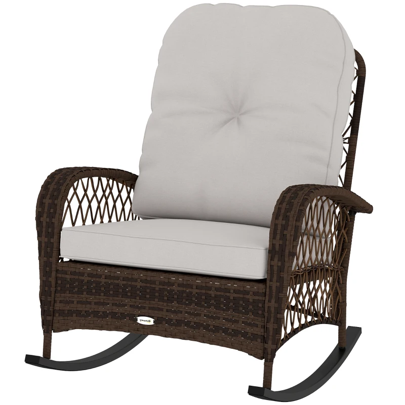 Outsunny Outdoor Wicker Rattan Rocking Chair Patio Rocker with Thick Cushions for Garden Backyard Porch, Light Mixed Brown