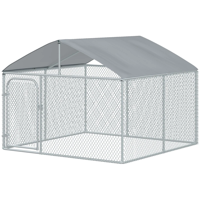 PawHut 7.5' x 7.5' x 5.6' Dog Kennel, Outdoor Dog Run with Waterproof, UV Resistant Roof, Lockable Door for Large-Sized Dogs, Silver