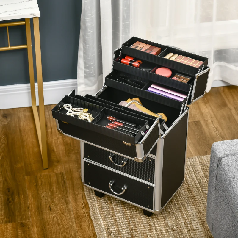 HOMCOM Aluminum Rolling Makeup Train Case, Portable Professional Cosmetic Makeup Case, Lockable Traveling Cart Trunk with Folding Trays, Swivel Wheels and Keys, Black