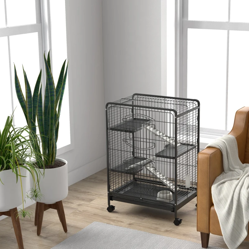PawHut 37"H Ferret Cage, 4-Tier Rolling Rabbit Ferret Chinchilla Squirrel Cage with Removable Tray, Platform, Ramp, Food Dish, Water Bottle, 24" x 17" x 37"