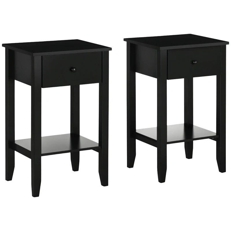 HOMCOM Side Table Set of 2, End Tables with Drawer and Bottom Shelf, 2-tier Nightstand for Bedroom, Living Room, Black