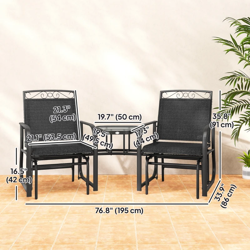 Outsunny Outdoor Glider Bench with Coffee Table, Patio 2-Seat Rocking Chair Swing Loveseat with Breathable Sling for Backyard Garden Porch, Black