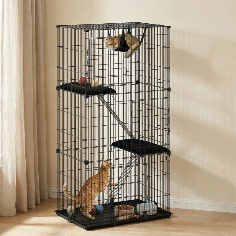 PawHut 3-Tier Cat Cage Indoor, Detachable Metal Wire Kennel withwith Hammock, Platform, Tray and Cushion for 1-2 Kittens