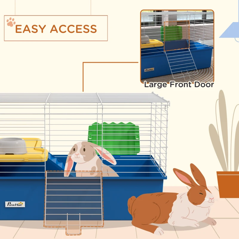 PawHut 18.5" Small Animal Cage with Water Bottle, Food Dish, Platform, Ramp, Blue
