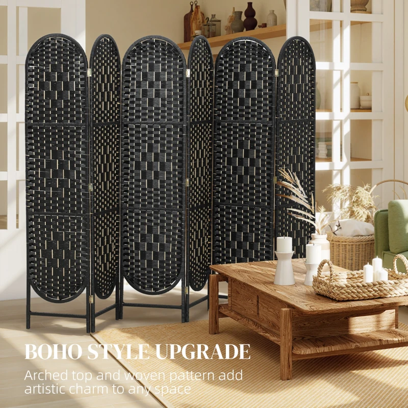HOMCOM Bohemian Privacy Screen, Folding Room Divider with 6 Panels and Arched Top for Bedroom Living Room Office, Black