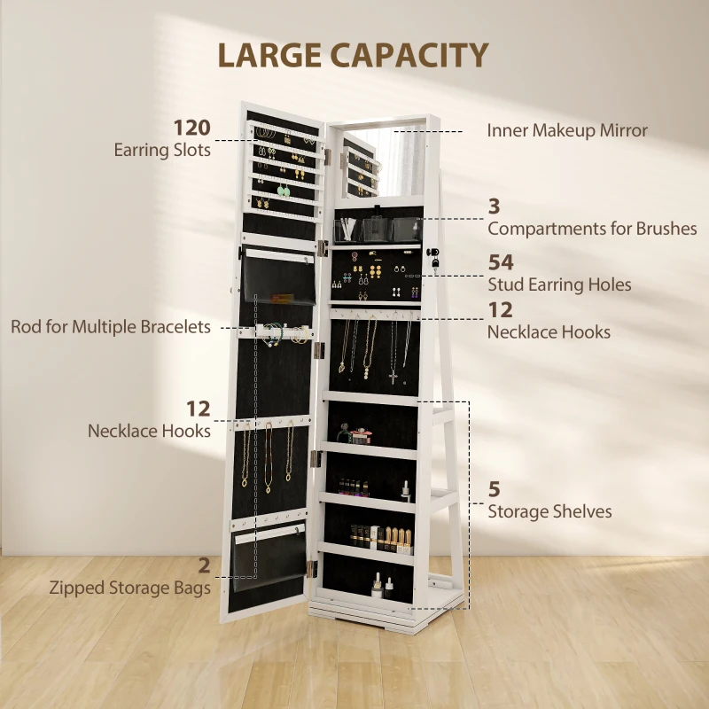 HOMCOM 360° Swivel Jewelry Armoire, Lockable Mirror Jewelry Cabinet with Built-In Small Mirror, White