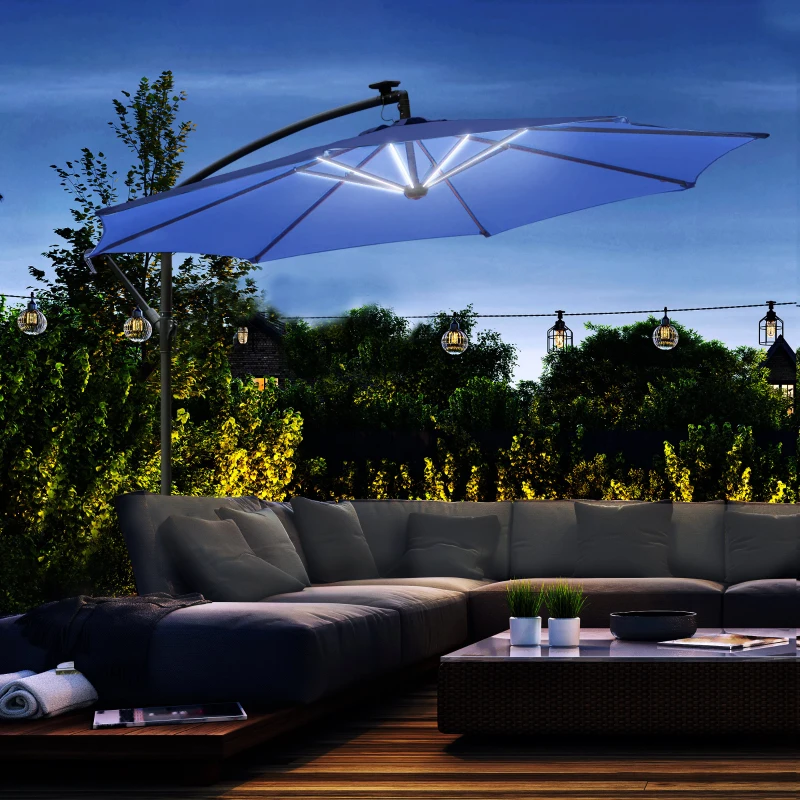 Outsunny 10ft Cantilever Solar Hanging Offset Umbrella Outdoor LED Lights Aluminum Market Banana Parasol Crank w/ Cross Base Garden Sun Shelter Blue