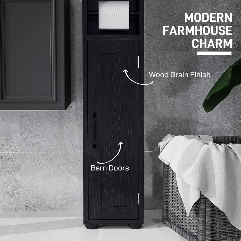HOMCOM Narrow Bathroom Cabinet, Tall Bathroom Storage Cabinet with Barn Doors, Drawer and Adjustable Shelves, Black Wood Grain