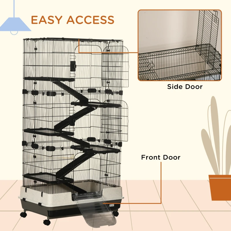 PawHut 6-tier Platform Rolling Small Animal Cage Rabbit Hutch Pet Play House with Platform, Ramp,Removable Tray. 4 universal wheels (Black) for Bunny Pet Mink Chinchilla