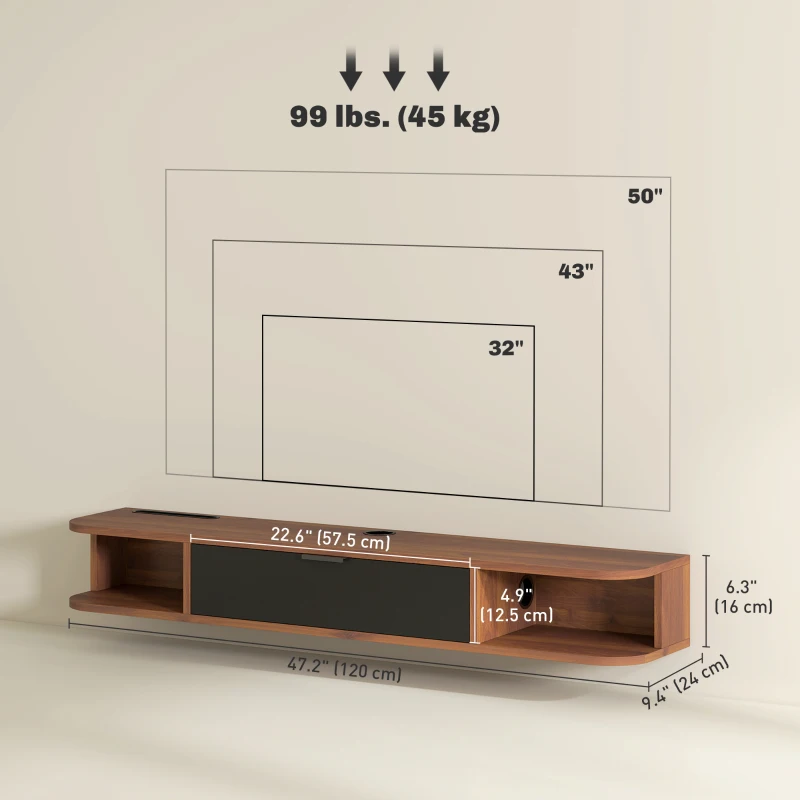 HOMCOM 47" Floating TV Stand for TVs up to 50 Inch, Wall Mounted Media Console with Flip Drawer and 2 Open Shelves, Walnut