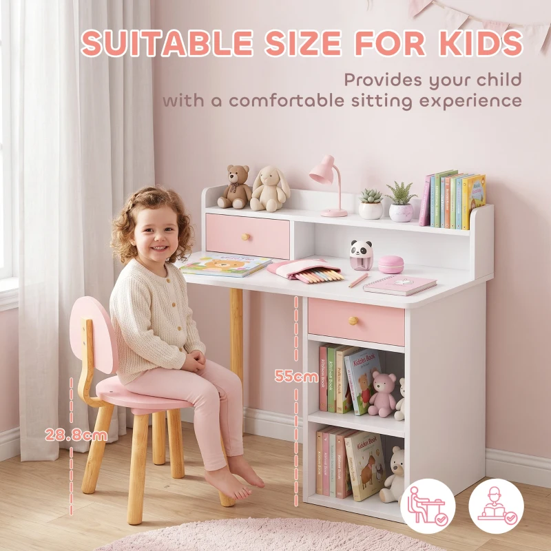 Qaba Kids Study Table and Chair Set, Kids Desk and Chair Set w/ Storage and Shelves, for 3-8 Year Old, Pink