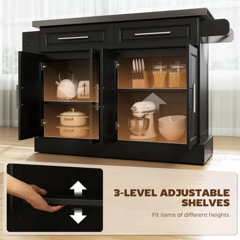 HOMCOM Rolling Kitchen Island with Storage and Stainless Steel Top, Kitchen Trolley with Drawers, Cabinets, Towel Rack