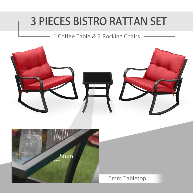 Outsunny 3 Pieces Patio Wicker Rocking Chairs Table Set, Outdoor PE Rattan Furniture with 2 Rockers & 1 Coffee Table w/ Padded Cushions for Deck, Backyard, Garden, Red