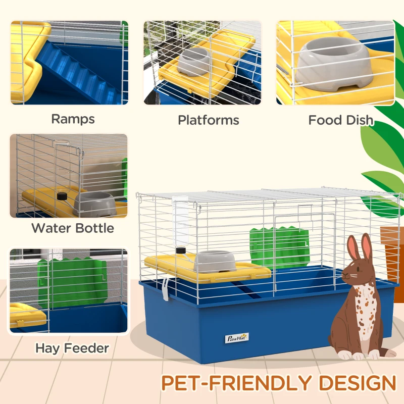 PawHut 18.5" Small Animal Cage with Water Bottle, Food Dish, Platform, Ramp, Blue