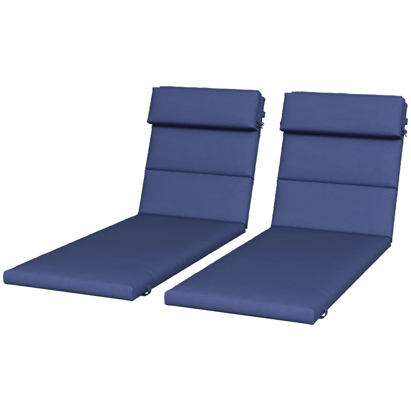 Outsunny Patio Chaise Lounge Chair Cushions Replacement Sun Lounger Pads with Headrest and Ties, Set of 2, Dark Blue