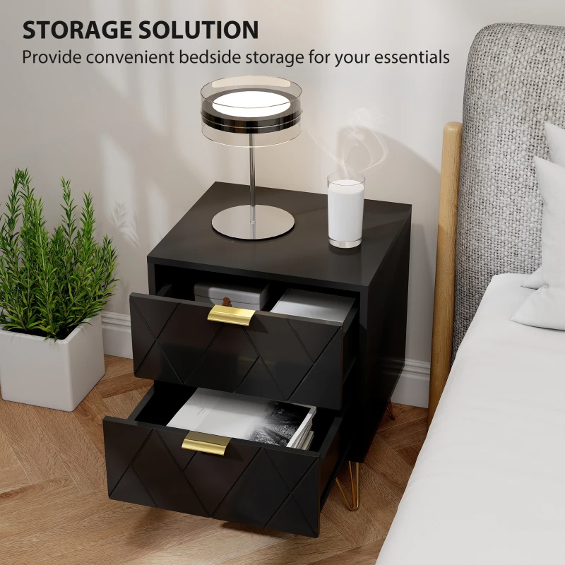 HOMCOM Modern Bedside Table, Accent Nightstand with 2 Drawers, Bed End Table for Bedroom, Black