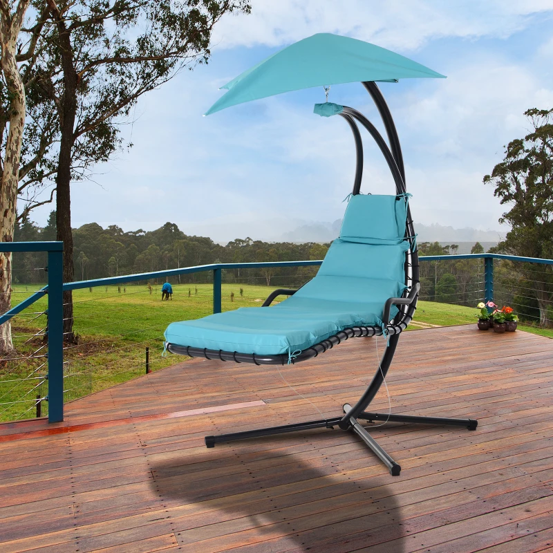Outsunny Single Floating Chaise Lounge Curved Outdoor Porch Swing Chair Hanging Hammock Reclining Seat w/Arc Stand & Canopy Blue
