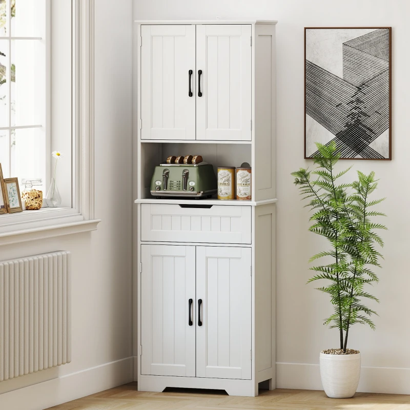 HOMCOM Kitchen Buffet with Hutch, 68" Tall Kitchen Pantry Cabinet with Small Open Counter, 4 Doors, Drawer, White