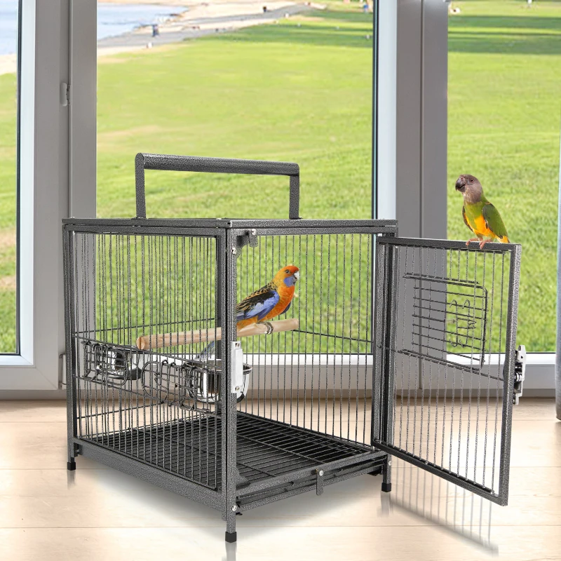PawHut 18" Heavy Duty Wrought Iron Travel Bird Cage Carrier With Handle Perch And Accessories - Black