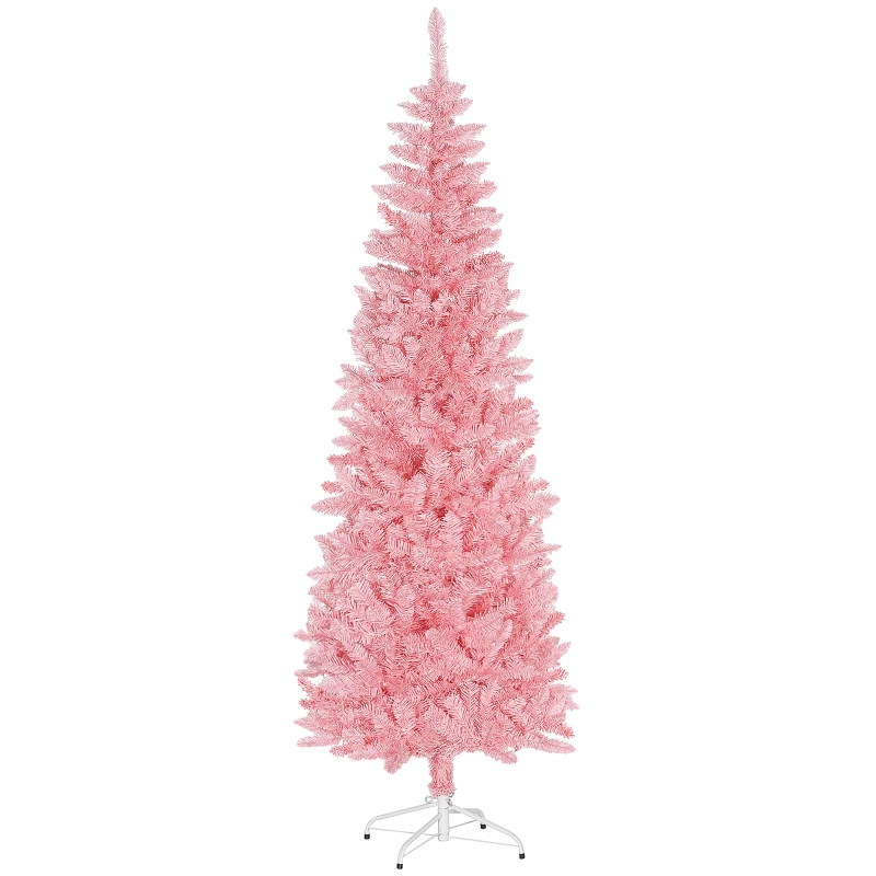 HOMCOM 7ft Tall Pencil Artificial Christmas Tree with 687 Branch Tips with Steel Base, Pink