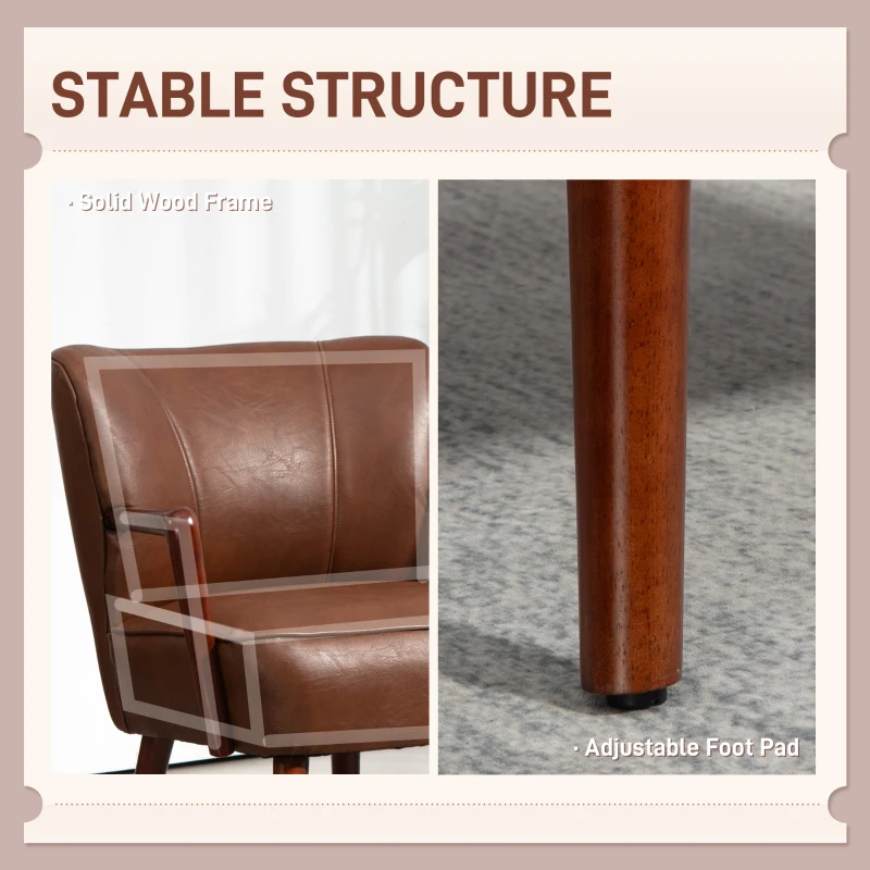 HOMCOM Accent Chair, Modern Armchair, Faux Leather Upholstered Living Room Chair with Wood Legs and Wide Padded Seat, Brown