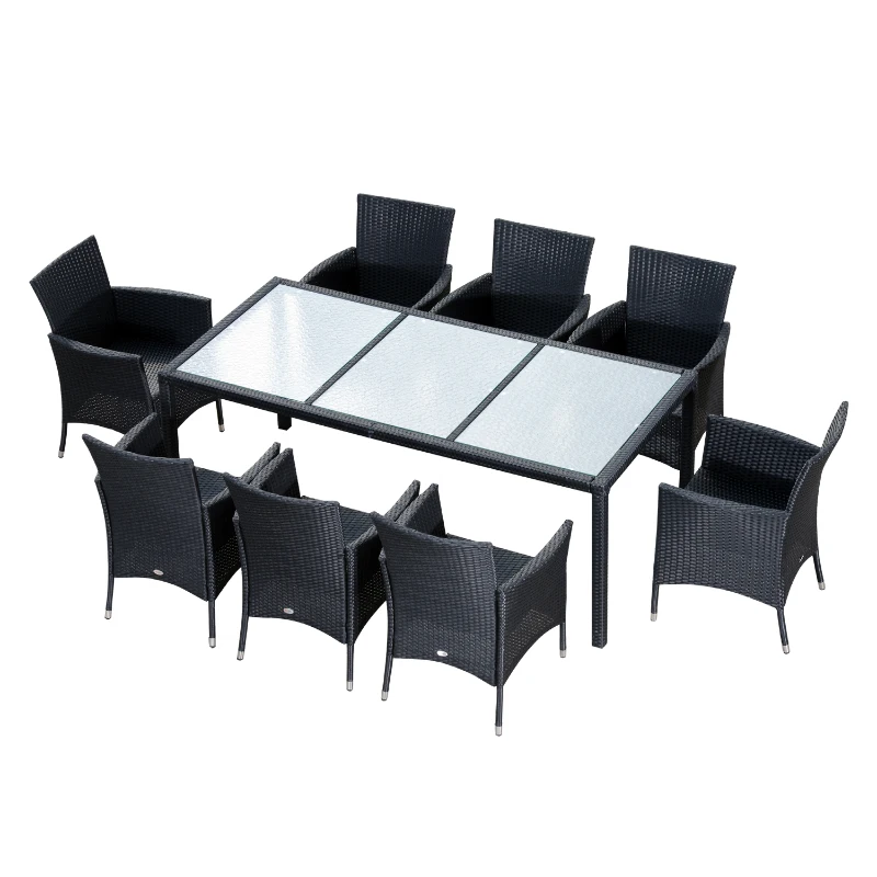 Outsunny 9pcs Garden Rattan Dining Set Patio Wicker Furniture 8 Armchair 1 Table Cushioned Seat Outdoor All Weather Sectional Black