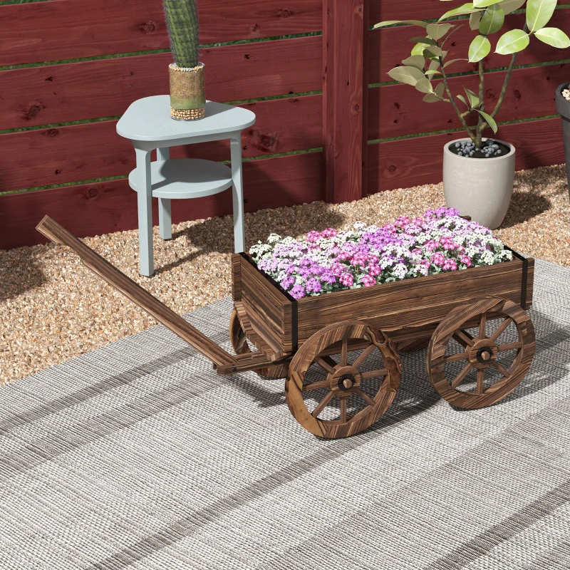 Outsunny Raised Garden Bed, Wooden Wagon Planter Boxes with Drainage Holes, for Vegetables Flowers Herbs, Carbonized