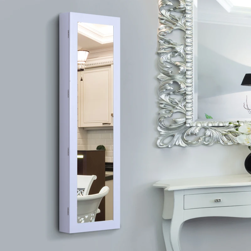 HOMCOM Mirror Jewelry Cabinet Armoire with Full Length Mirror, Wall Mounted Jewelry Organizer, White