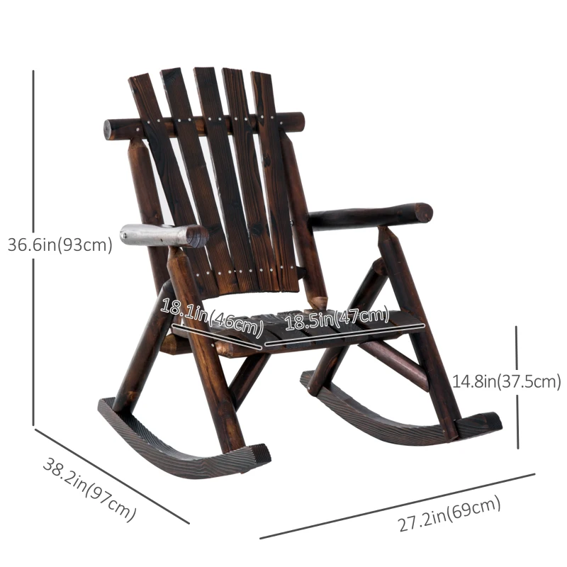 Outsunny Outdoor Rocking Chair, Wooden Adirondack Outdoor Rocker with High Back, Slatted Seat, Oversized Rustic Patio Rocking Chair for Garden, Porch, Yard, Balcon, Dark Carbonized