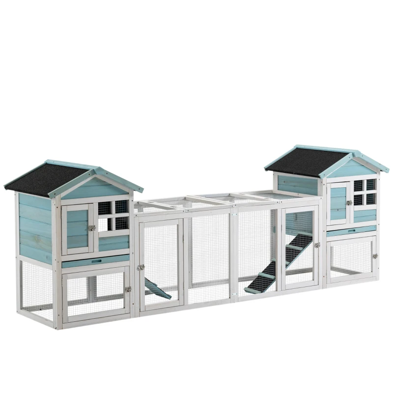 PawHut 102" 2 in 1 Wooden Rabbit Hutch Double Main House Pet Playpen Large Bunny House Enclosure for Indoor Outdoor with Run Box, Slide-out Tray, Ramp, for Rabbits and Small Animals, Blue