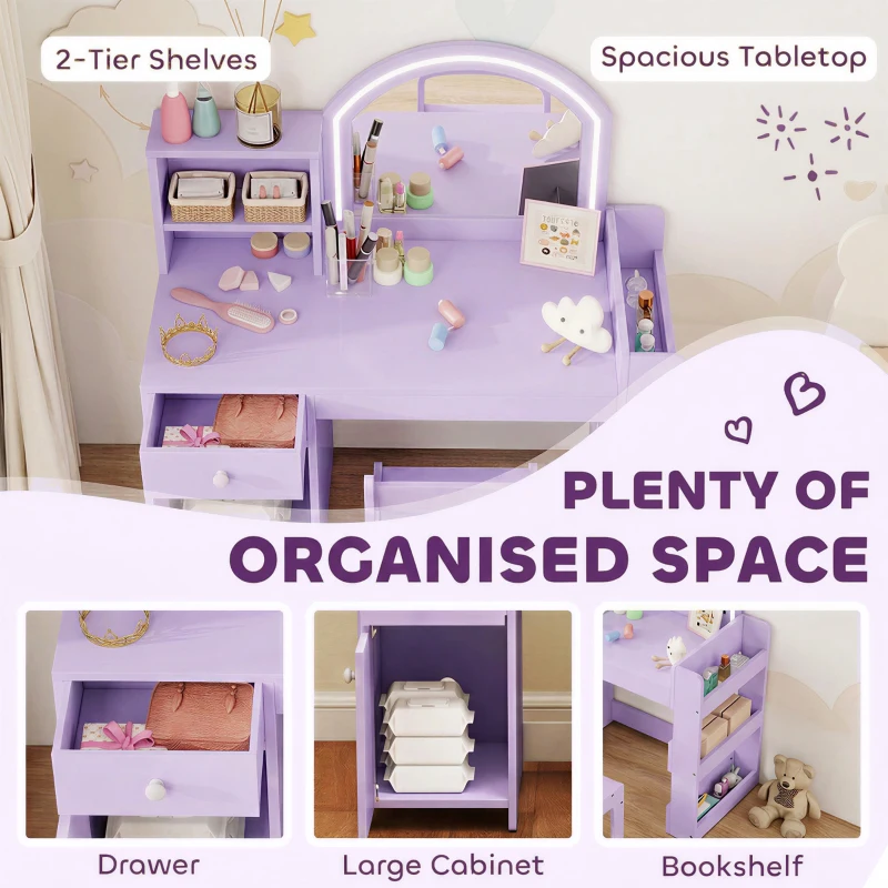 Qaba Kids Vanity Set, Toddler Dressing Table and Chair Set  with Lighted Mirror, Cabinet, Drawer and Shelves, Purple