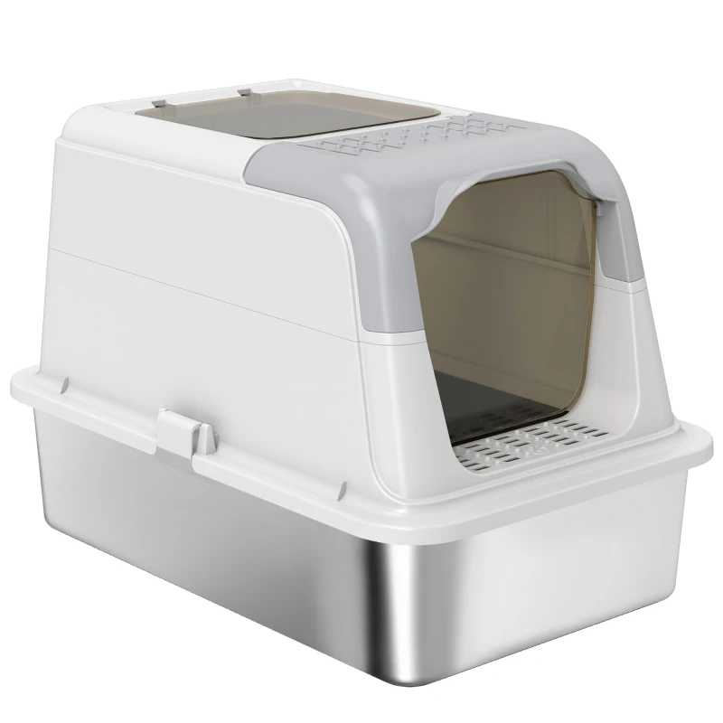 PawHut Extra Large Stainless Steel Litter Box, Enclosed Kitty Litter Box for Big Cats with Scoop, Deodorizer Bag