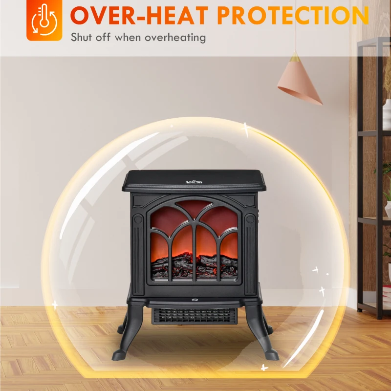 HOMCOM Electric Fireplace Heater, Freestanding Fireplace Stove with Realistic Flame, Overheat Protection, 750W/1500W, Black